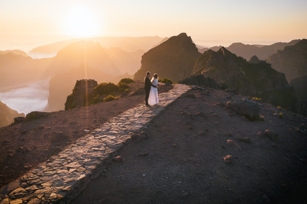 sunset, mountains and couple in love