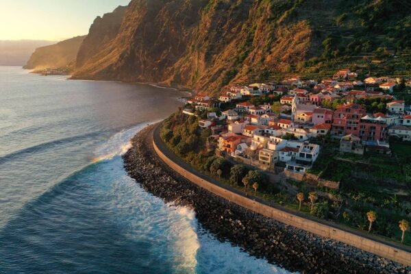 aerial / drone view to small city in Madeira