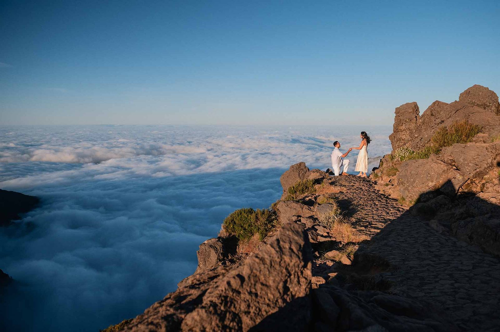 A marriage proposal above the cloud at Juncal at sunset time, Madeira Island