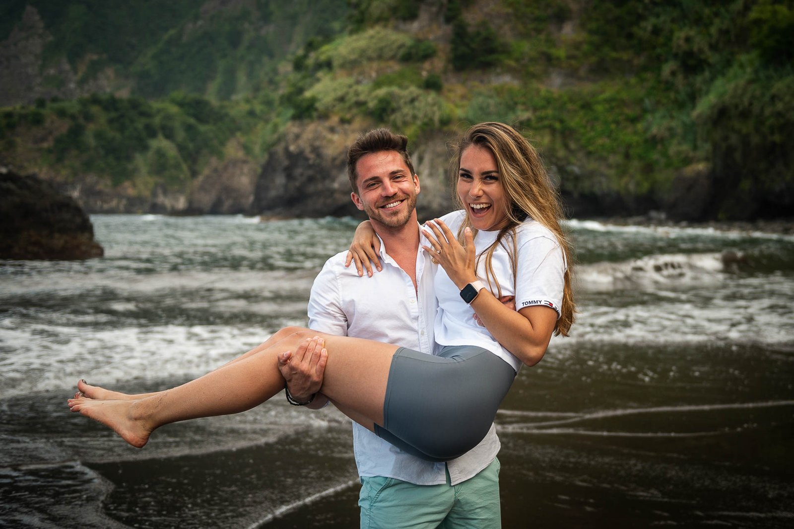 happy girl showing proposal ring